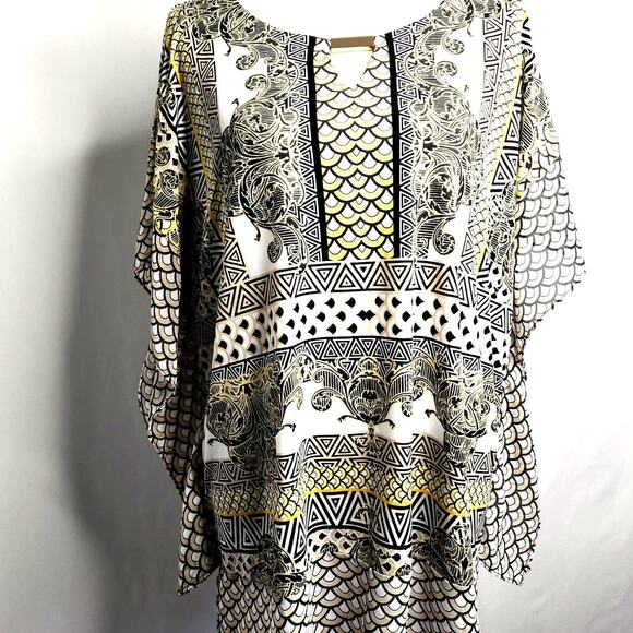 JM Collection Tunic Top Size L Black Gold Printed Sheer Lined Layered Silky Soft - Picture 1 of 11